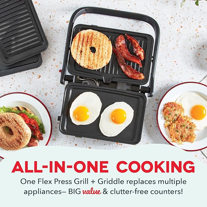 Dash MultiMaker® Flex Press Grill System, Grill and Griddle - Nonstick Removable Plates - Indoor Countertop Electric Grill for Sandwiches, Burgers, and Breakfast - Forged Iron