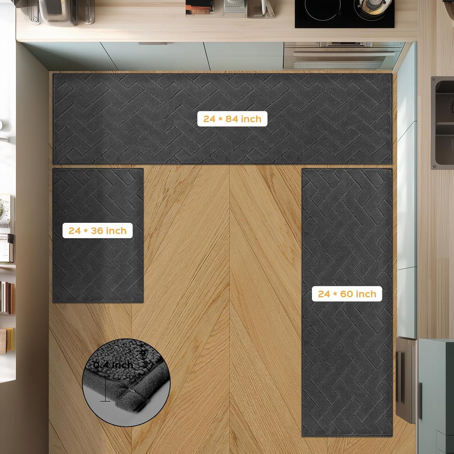 Machine Washable Kitchen Rugs Set (24" x 36"+24" x 60"), Non-Slip Kitchen Runner Rugs Mats for Floor, Absorbent Comfort Standing Mats for Kitchen, Sink and Hallway, Rolled Packaging, Charcoal