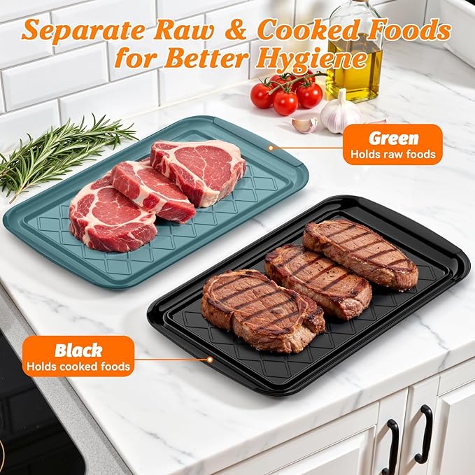 Serving Trays for Party - Set of 6, Large Serving Platters for Raw and Cooked Food, Dishwasher Safe, 17×10.5-inch Stackable Plastic Party Supplies for Grilling, BBQ, Meal Prep (Green, Black)