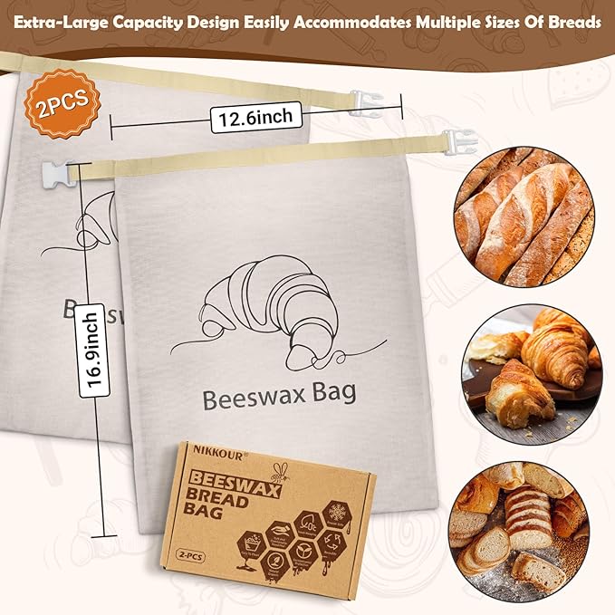 Cotton Beeswax Bread Bag (2 Pack) Reusable Double-Lock Freezer Safe for Homemade Sourdough Bread Food Storage Gifts for Sourdough Bakers (Pattern 1)