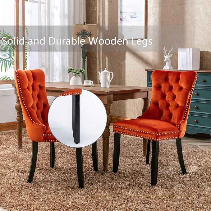 Velvet Dining Chairs Set of 4, Upholstered Dining Room Chairs with Back Ring Pull Trim and Solid Wood Legs,Tufted Wingback Kitchen Chair Perfect for Dining Room,Living Room,Kitchen(Orange)