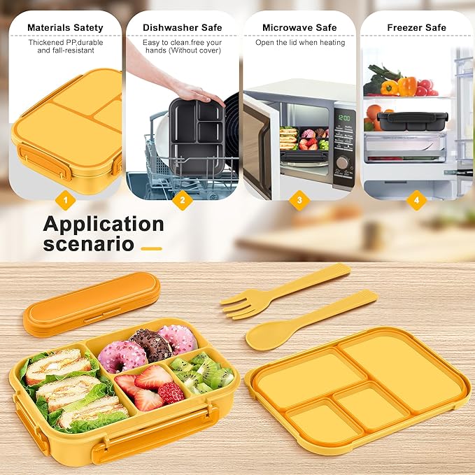 Amathley Lunch Box Kids,Bento Box Adult,Leakproof Lunch Containers for Adults/Kids/Toddler,1200ML-4 Compartments bento Lunch box with Utensil,Microwave & Dishwasher & Freezer Safe (Yellow)