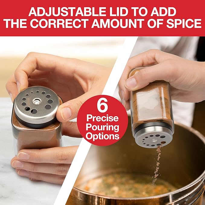 Adjustable Glass Spice Jars (Set of 24) with 6 Pouring Sizes- Stainless Steel Lid/Cap- Square Seasoning Bottle Containers for Minimalist Kitchen Pantry Storage Organization- Fill Shaker w Salt Pepper