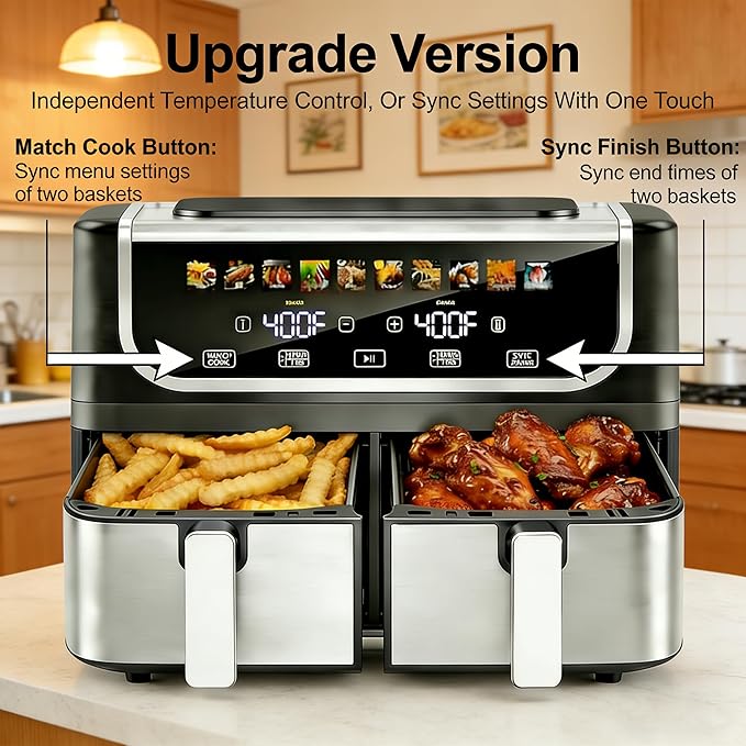 HealSmart 9.5Qt Dual Basket Air Fryer, 10-in-1 Smart Air Fryer with 1700W, Independent Temperature Control, Sync Cook & Shake Reminder, Nonstick Air Fryer Oven for Family Meals, Black