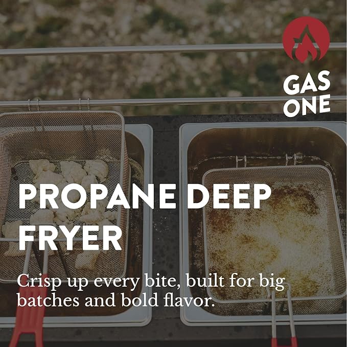 GasOne B-5850A Outdoor Propane Deep Fryer - Double Burners, 16 Qt Removable Baskets & Lids, Oil Fryer Cart with Thermometer & Regulator - Perfect for Outdoor Cooking