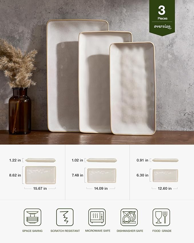 Famiware Serving Platter, Rectangular 15.67/14.1/12.6inch Serving Dishes for Entertaining, Microwave Dishwasher Safe, Stoneware Serving Trays for Party, Turkey, Cheese, Ocean Series, Cappuccino White