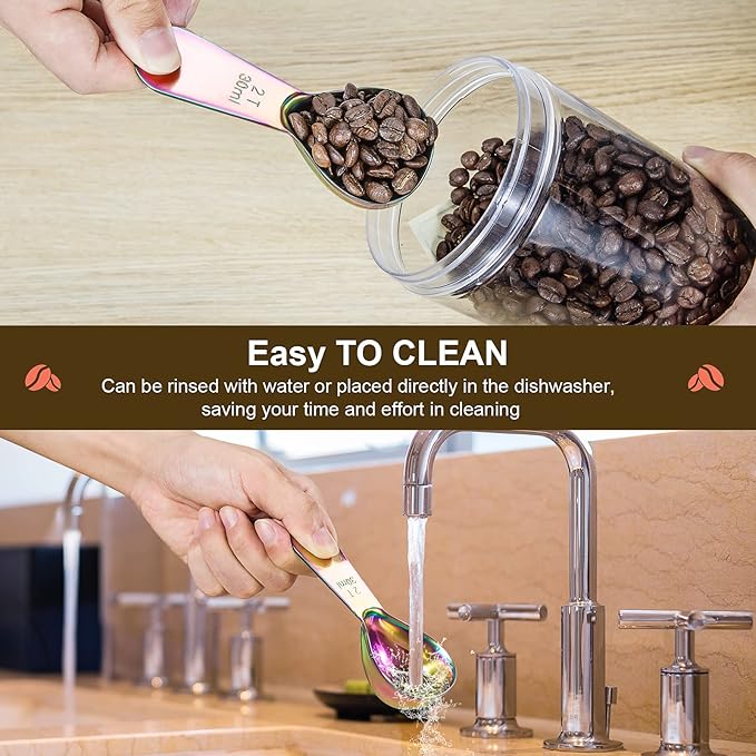 Safring Stainless steel coffee scoop 2-piece set (1 tbsp, 2 tbsp) durable Tablespoon, ergonomic measuring spoon, Suitable for small and large jars，short-handled spoon (colored)