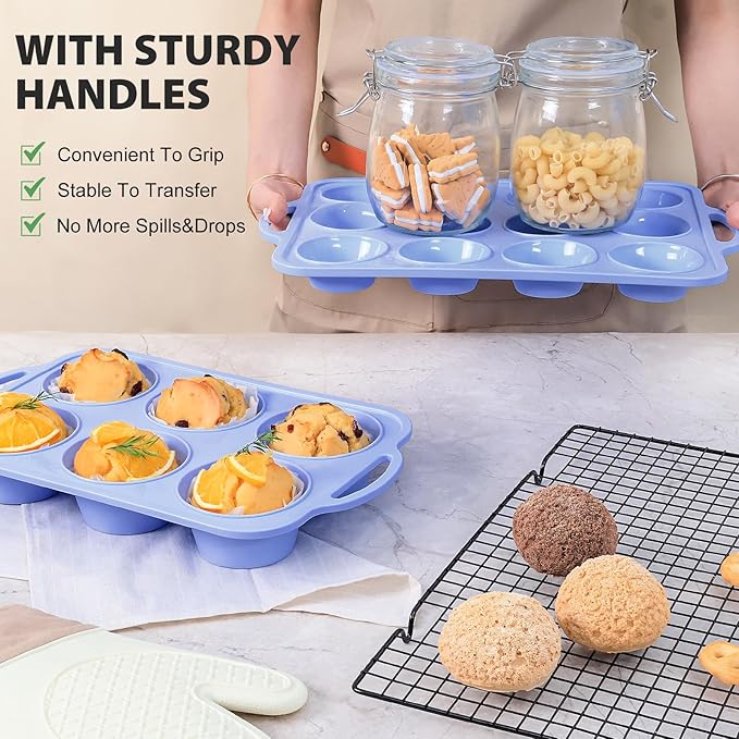 Jumbo Silicone Muffin Pan with Metal Frame, Non Stick Silicone Cupcake Pan with Handles 6 Cup, BPA Free Silicon Muffin Tin Tray Extra Large for baking, egg bites, Cupcake Mold Blue