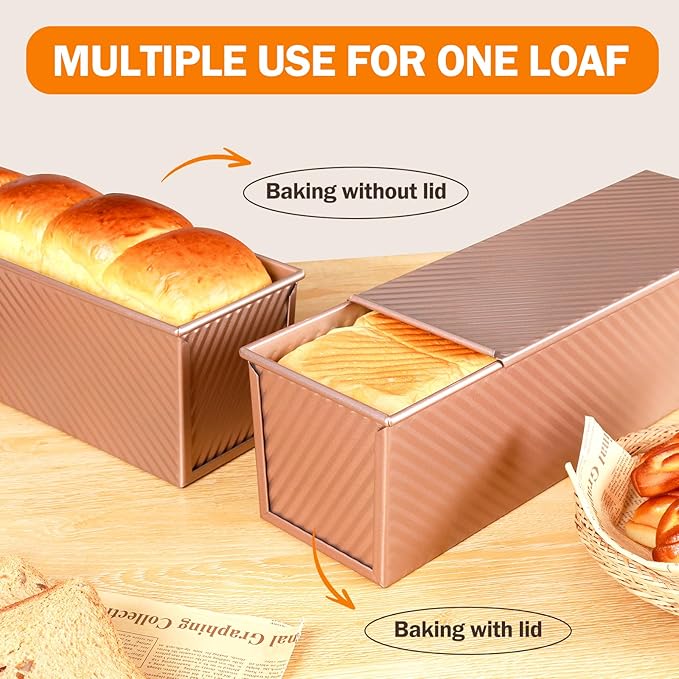 Pullman Loaf Pan with Lid, 13x4 inch, Premium 2.2LB Nonstick Sandwich Bread Loaf Pan for Homemade Sourdough Bread, Heavy Duty Carbon Steel Corrugated Toast Box with Cover for Baking, Bakeware