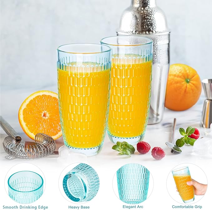 CREATIVELAND Highball Beverage Glasses Set of 6 TURQUOISE Colored Thick & Heavy Base Big Capacity 14.87oz|440ml, Drinking Glass Tumbler for Iced Tea, Water, Soda & Juice and Cocktails etc