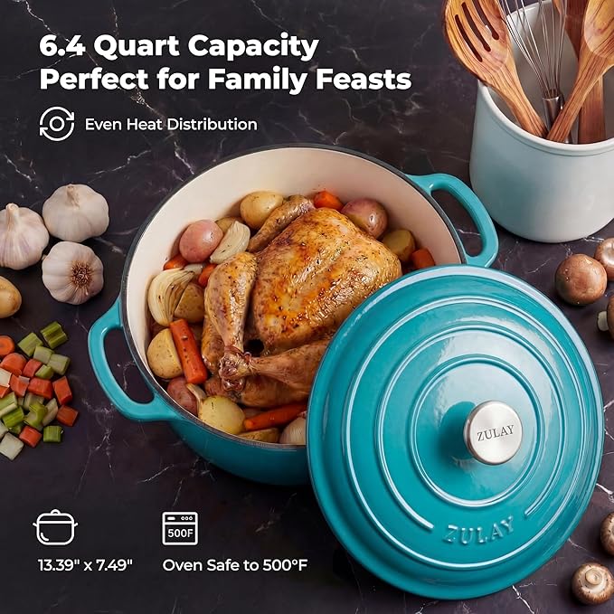 Zulay Kitchen 6 Quart Enameled Cast Iron Dutch Oven Pot with Lid – Premium Durability & Oven Safe up to 500°F – Heavy Duty Cookware Perfect for Bread Baking, Stews, Braising & Roasting - Light Blue