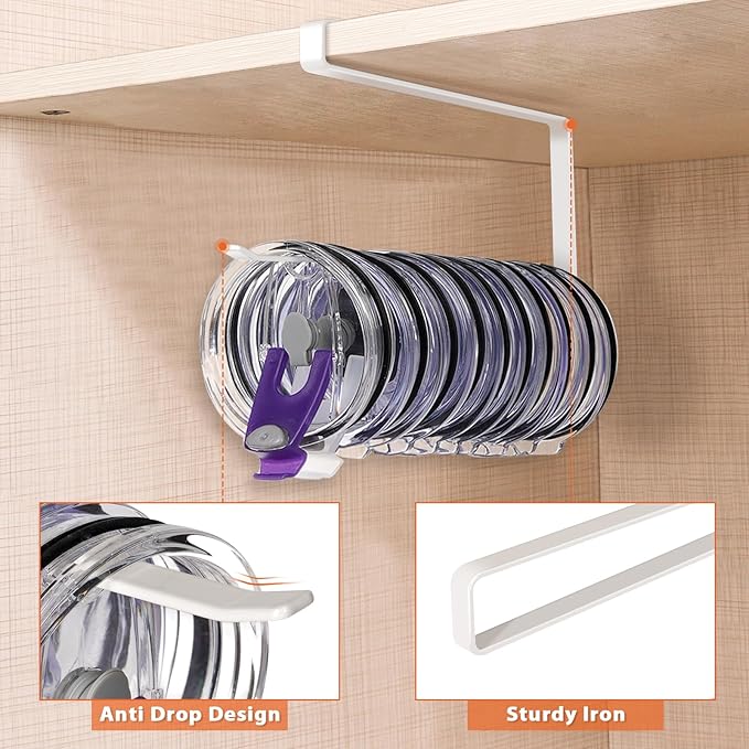 2 Pack Tumbler Lid Organizer, Horizontal Tumbler Lid Storage Hook to Hold Up 20 Lids, Space Saving Cup Lid Holders Under Cabinet Tumbler Lid Hook for Kitchen Organizer, Paper Towel Rack Hanger (White)