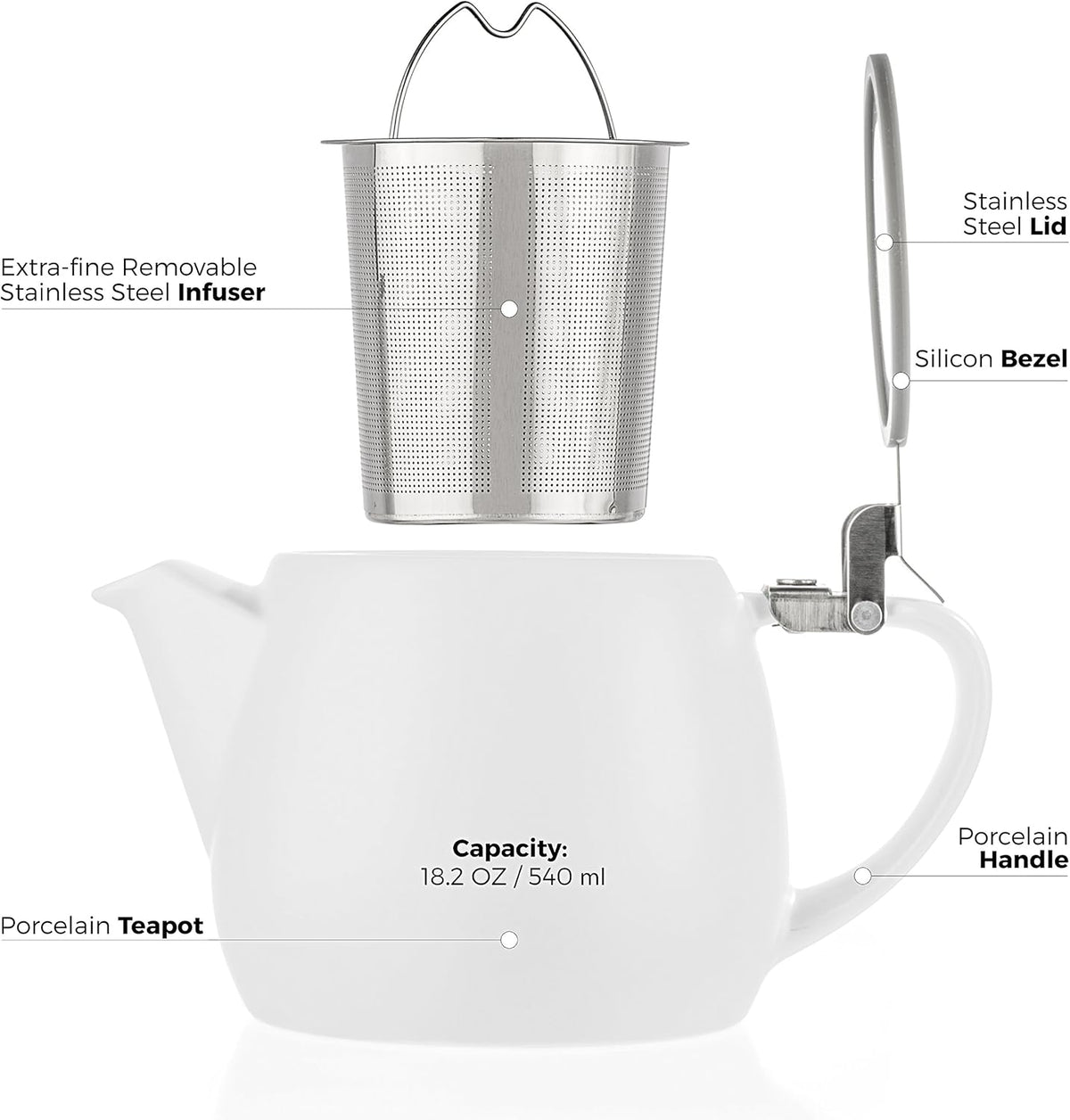 Tealyra - Pluto Porcelain Small Teapot White - 18.2-ounce (1-2 cups) - Matte Finish - Stainless Steel Lid and Extra-Fine Infuser To Brew Loose Leaf Tea - 540ml