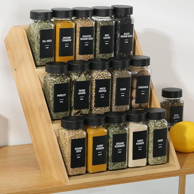 36 Glass Spice Jars with Labels, Spice Jar Set, 4oz Spice Containers, Seasoning Containers with Black Airtight Lids and Shaker Lids, Square Empty Spice Bottles, 492 Labels, 1 Funnel