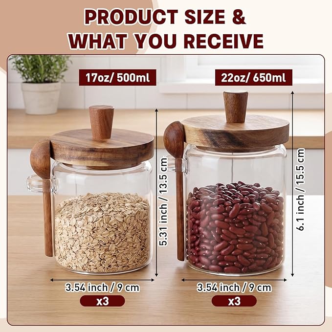 Remerry Set of 6 Glass Jar with Wooden Lid and Spoon, Clear Airtight Spice Canisters Glass Food Storage Kitchen Containers Set for Coffee Bean Tea Sugar (13.5 Oz,20 oz)