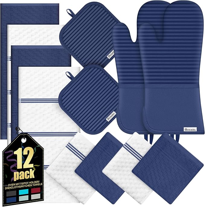 Oven Mitts Kitchen Towels and Dishcloths with Pot Holders Sets, Oven Gloves Hot Pads 500°F Heat Resistant with Silicone Grip, Include 2 Cooking Gloves/2 Potholders/4 Kitchen Towels/4 Dish Towels