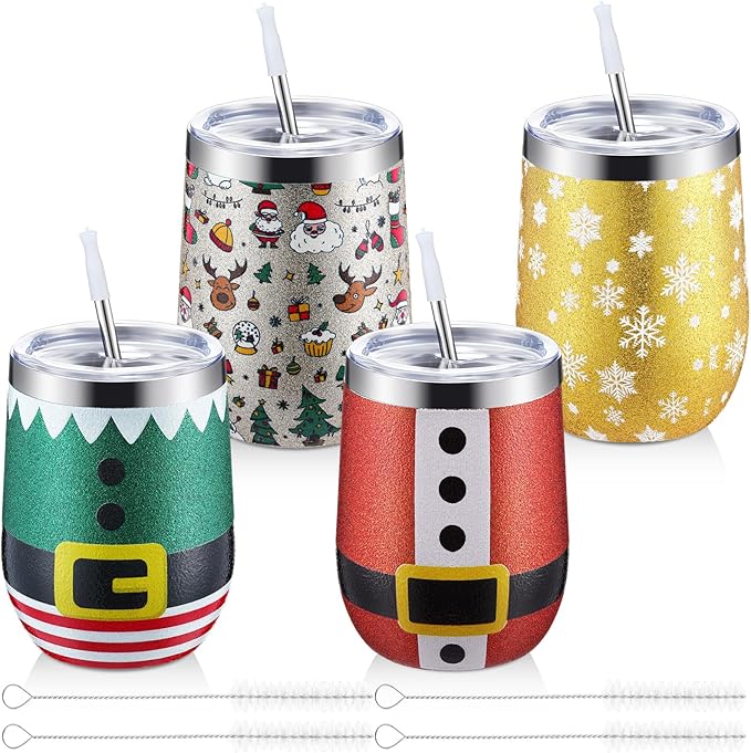 Sliner 4 Pack Pack Christmas Glitter Tumbler Bulk, 12 oz Holiday Wine Tumbler Set Stainless Steel Insulated Sparkling Glitter Cup with Lids Straws and Brushes Travel Mug Xmas Gift (Classic Style)
