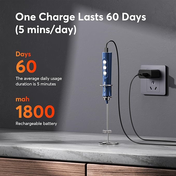 FoodVille MF02 Rechargeable Milk Frother Handheld Foam Maker with Stainless Whisk for Cappuccino, Latte, Bulletproof Coffee, Keto Diet, Protein Powder, Matcha (Classic Blue)