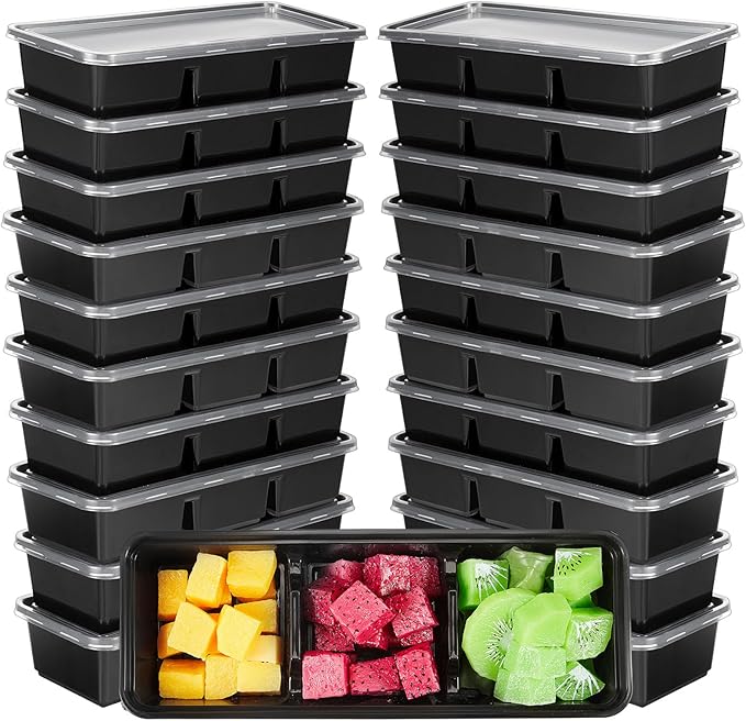 Hushee 25 Pack 17 oz Small Meal Prep Containers with 3 Compartments Snack Containers with Lid Disposable Plastic Bento Box Travel Lunch Food Boxes Stackable for Office Picnic (Black)