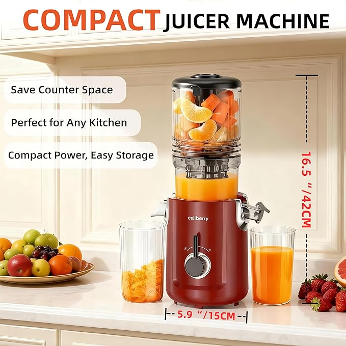Cold Press Juicer Machines, 5.3” Large Feed Chute Slow Masticating Juicer for Whole Fruits & Vegetables, Easy Clean, 300W Quiet Juice Extractor, 99% High Juice Yield, Red