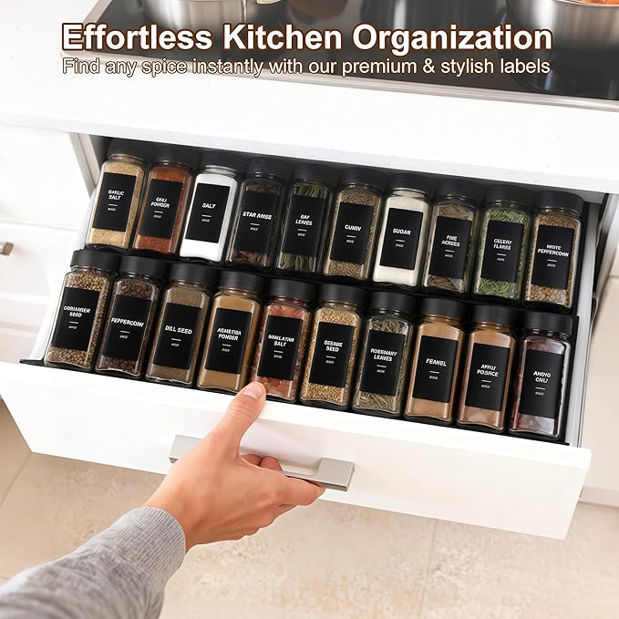 24Pcs Spice Jars Containers with Labels，4oz Black Seasoning Bottles with Shaker Lids for Rack, Cabinet, Drawer,Empty Square Condiment Pots (24, Black)