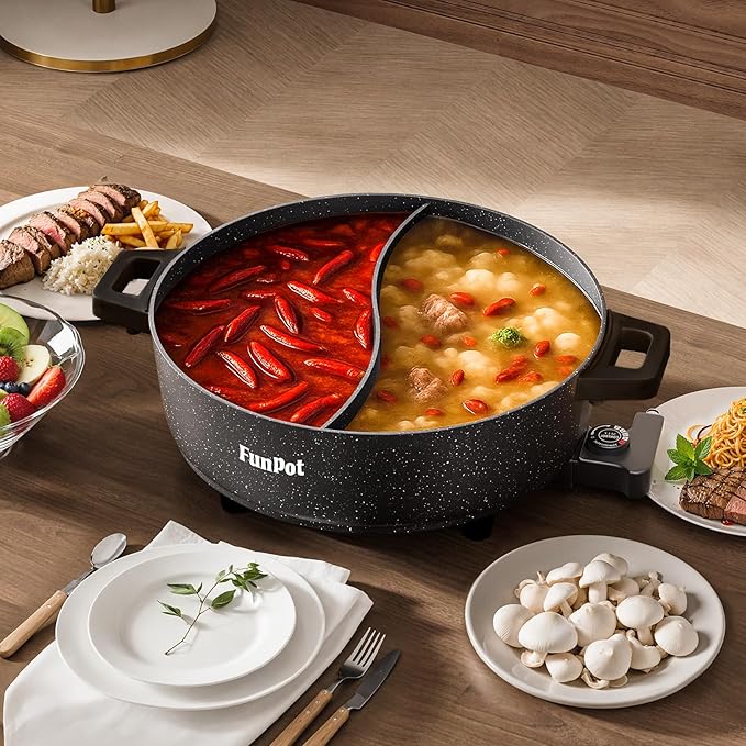 6L Electric Hot Pot with S-Shape Dual-Divider, Smart Temperature Control, 5 Heat Settings, 1350W Fast Boiling, Diamond Nonstick Pot (Black Hollow Handles)