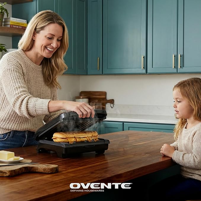OVENTE 2-Serving Electric Indoor Grill & Panini Press with Easy Clean Non-Stick Plate Coating, Opens 180 Degrees, 8.15" x 7.4" Space Saving Design, 750W Contact Grill for Burgers & More, Black GP222B