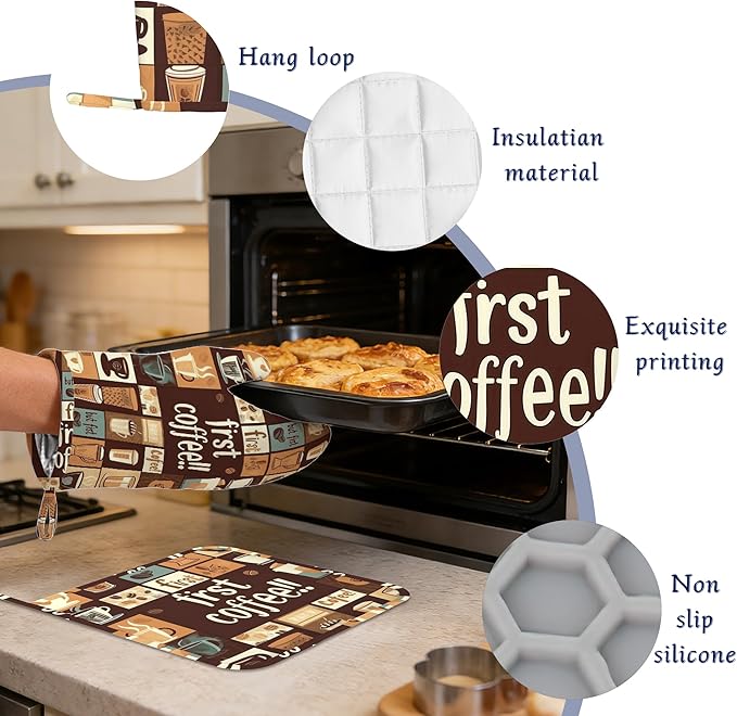 First Coffee Oven Mitts and Pot Holders Vintage Modern Art Silicone Kitchen Accessories Set of 4 Heat Resistant Non-Slip Long Gloves Potholder for Chef Cooking Baking Gifts Women Men