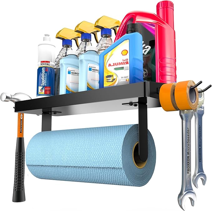 ZUNTO Garage Paper Towel Holder with Shelf, Black Stainless Steel Paper Towel Rack with Hooks, Wall Mount Paper Towel Holder for Kitchen, Garage Organization and Storage