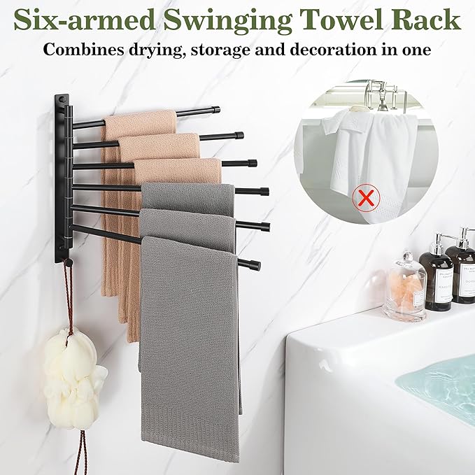 Alise Swivel Towel Rack, SUS304 Stainless Steel 6 Arms Towel Bar, Space Saving Swing Out Towel Bar with Hook, Towel Racks Wall Mounted for Bathroom, Matte Black