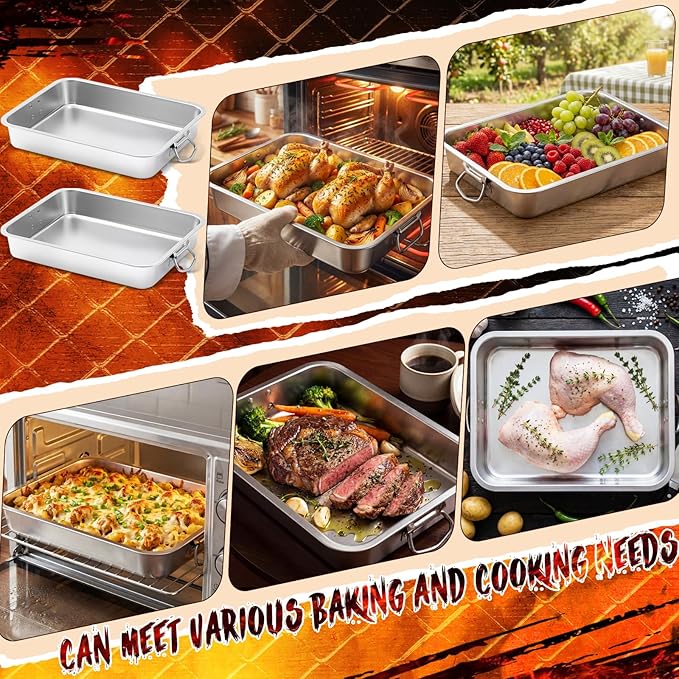 2 Pcs Extra Large Baking Pans 17.72 x 13.78 x 2.76'' Stainless Steel Lasagna Roasting Pan Large Uncovered Thickened Bake Trays with Handle for Kitchen Turkey Oven Lasagna ‌roasts Baking