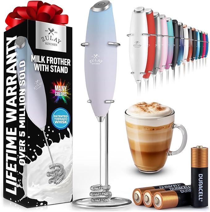 Zulay Kitchen Patented Tornado Triple Whisk Milk Frother with 4 Duracell Batteries – Handheld Foam Maker for Coffee, Lattes, Matcha & Hot Chocolate – Rich, Creamy Froth in Seconds - Sky Cloud