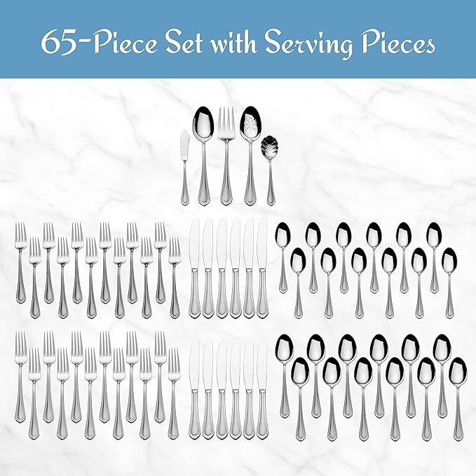 Mikasa Regent Bead 65-Piece Silverware Set, 18/10 Stainless Steel Flatware Service for 12, Includes 5 Serving Tools, Dishwasher Safe Polished Cutlery
