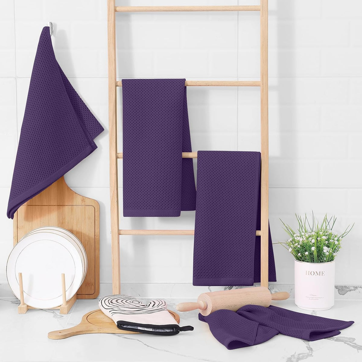 Homaxy 100% Cotton Waffle Weave Kitchen Dish Towels, Ultra Soft Absorbent Quick Drying Cleaning Towel, 13 x 28 Inches, 6-Pack, Eggplant