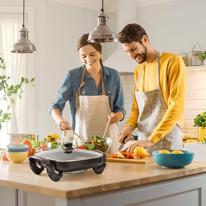 Moss & Stone Square Nonstick Electric Skillet With Lid, Aluminum 12x12 Inch Electric Frying Pan 5Qt, Nonstick Cooking Surface, Adjustable Temperature Control, Vented Glass Lid, Heat-Resistant Handle