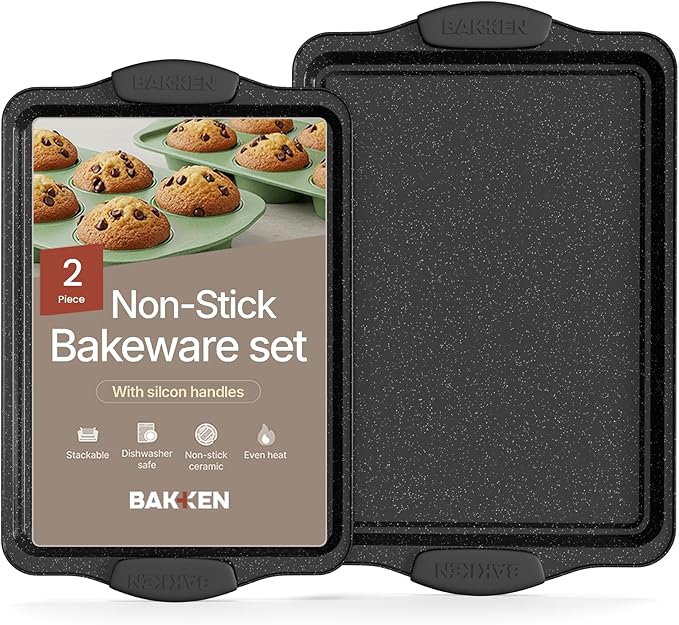 BAKKEN Kitchen Baking Pans - Medium (15.15 × 10.03") and Large (17.1 x 11.8") Nonstick Sheets, Carbon Steel Cookie Sheets with Gray Silicone Handles, PFOA, PFOS, PTFE Free, Oven Safe (450°F), Set of 2