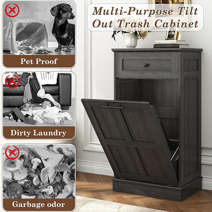 chartustriable Farmhouse Tilt-Out Trash Can Cabinet,13 Gallon Laundry Hamper with Drawers, Wooden Hidden Garbage Can Cabinet w/Storage for Kitchen & Living Room, Dark Grey