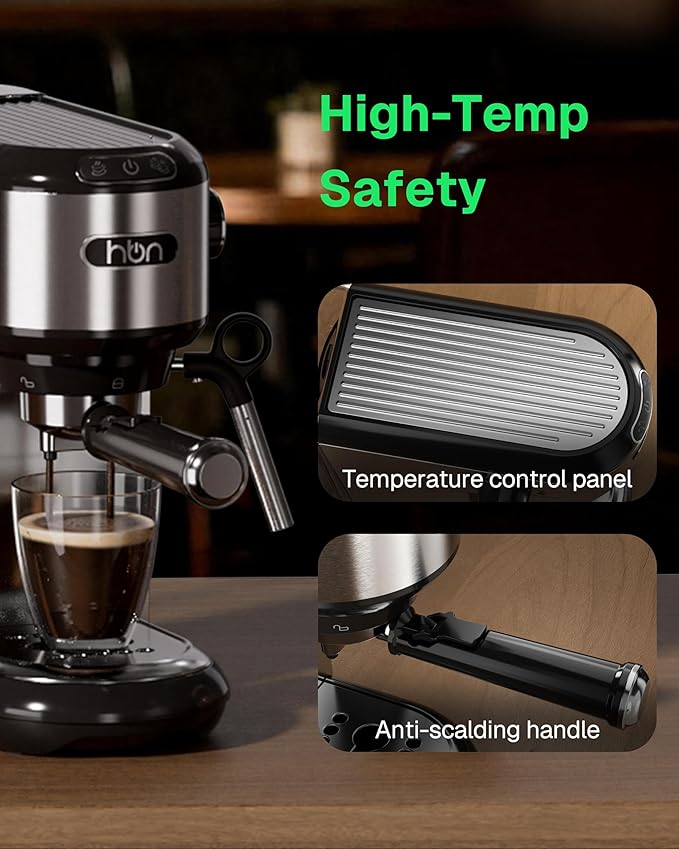HBN 20 Bar Espresso Machine with Milk Frother, Compact Espresso Maker for Ground Coffee, Stainless Steel Coffee Machine with Steam Wand & 34oz Removable Water Tank, 1450W for Home & Office