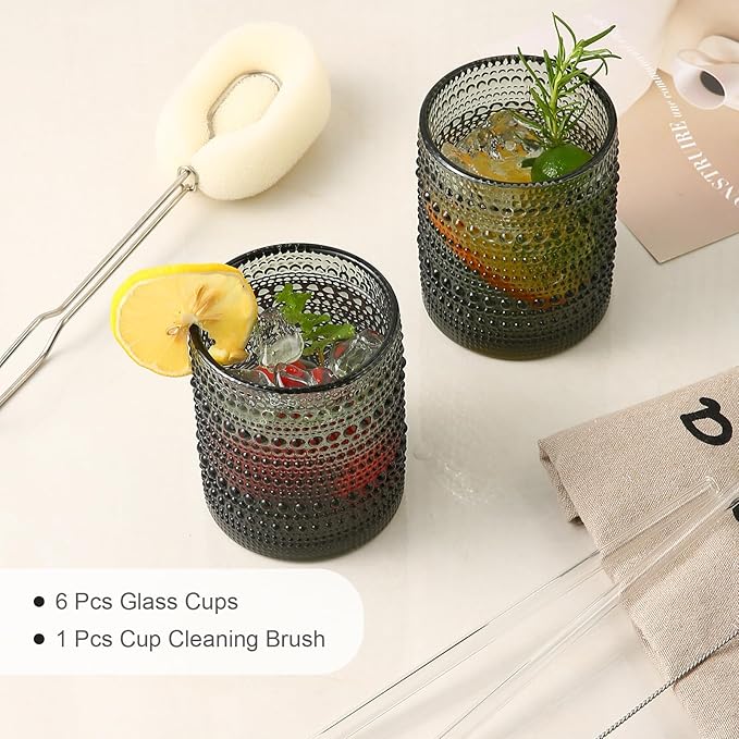 ZMOWIPDL Vintage Glassware Drinking Glasses Set of 6,12 oz Hobnail Glass Cups,Embossed Grey Water Tumbler,for Beer,Cocktail,Whiskey,Juice and Various Mixed Drinks- 1 Cleaning Brush