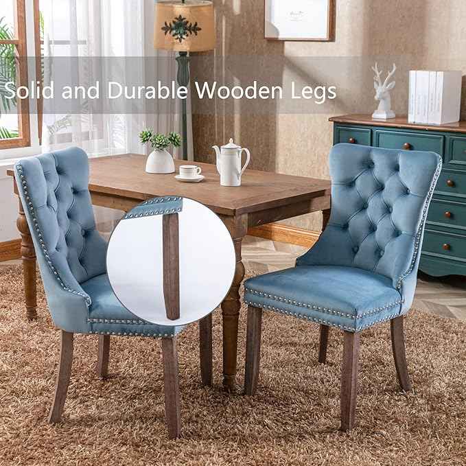 Upholstered Dining Chairs Set of 6, Velvet Dining Room Chairs with Back Ring Pull Trim and Solid Wood Legs, Tufted Wingback Kitchen Chair Perfect for Dining Room,Living Room,Kitchen(Light Blue)