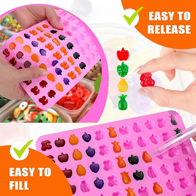 Set of 8 Fruit Snack Molds Silicone Bpa Free, Gummy Molds Trays for Candy Chocolate Gummies Baking - with 2 Dropper & 2 Cleaning Brush(Cherries Grape Banana Apple Pineapple)