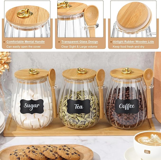 Suclain 3 Pcs Glass Coffee Container with Wooden Lid Spoon Shelf Labels Airtight Sugar Canister Set with Metal Handle Clear Jar Food Storage for Spice Coffee Bean Powder Housewarming Gift(Oval)