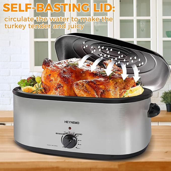 Roaster Oven, 20Qt Turkey Roaster Oven with Self-Basting Lid, 1450W Electric Roaster Pan with Cool-Touch Handles, Stainless Steel with Removable Pan and Rack, Silver