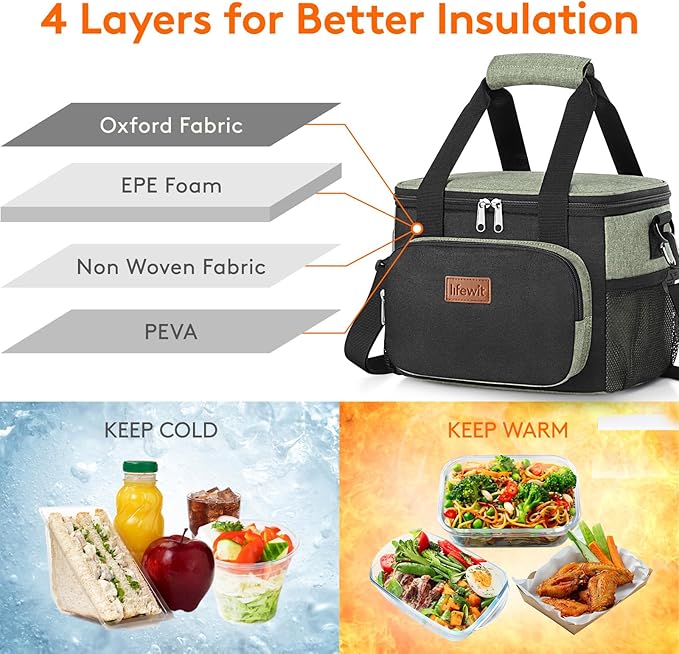 Lifewit Medium Lunch Bag, Insulated Lunch Box, Soft Cooler Cooling Tote for Adult Men Women, Black and Green 12-Can (9L)