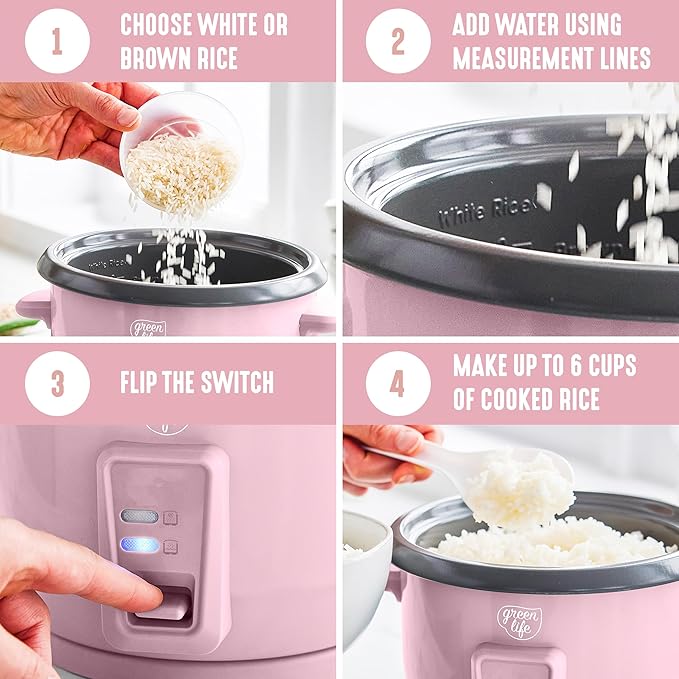 GreenLife Rice Cooker with Removable PFAS-Free Ceramic Nonstick Pot, 3-Cups Uncooked/6-Cups Cooked, Grains & Oatmeal Multicooker, Compact One-Switch Design, Auto Keep Warm, Easy Clean, Pink