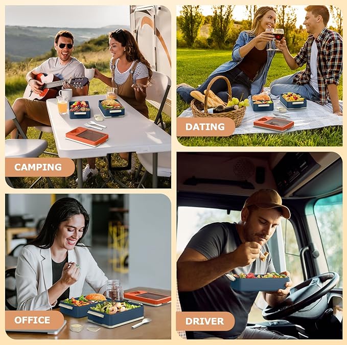 Sitlais Bento Box Adult Lunch Box, 2-Layer Stackable Container with Utensils & Insulated Bag, 67oz Large Capacity, Leakproof, Microwave Safe, BPA-Free for Work, Gym & Outdoor (Orange & Blue)