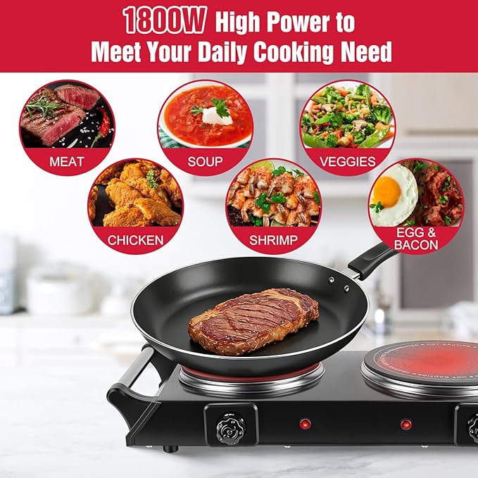 Electric Countertop Double Burner, 1800W Cooktop with Crystal Glass Hot Plate, 5-Level Stepless Temperature Control, Stay Cool Handles, Easy to Clean, Compatible Cooking Stove for Office Home RV