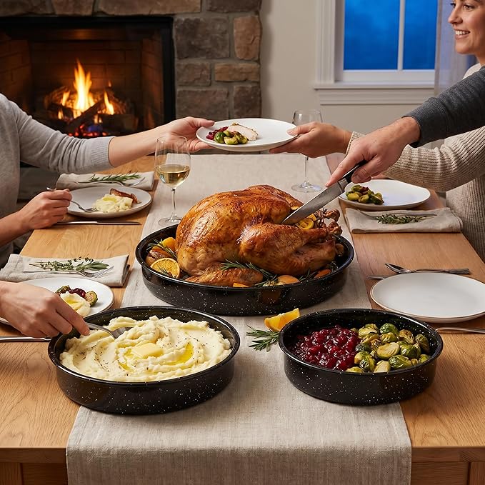 3-Pack Enamel Roasting Pan Set Round Deep Baking Pans Oven Trays10"/12"/14" Cake Pans High Performance Non-Toxic Pizza Pan Cookie Baking Sheets Oven Trays For Cooking Merry Christmas Gift for Mom