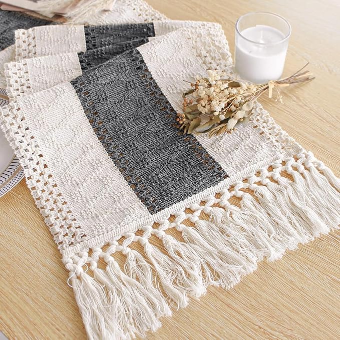 FEXIA Boho Table Runner for Home Decor with Tassels 60 Inches Long,Grey Farmhouse Rustic Table Runner Macrame Burlap Table Decoration for Living Room Bridal Shower(12x60 Inches)