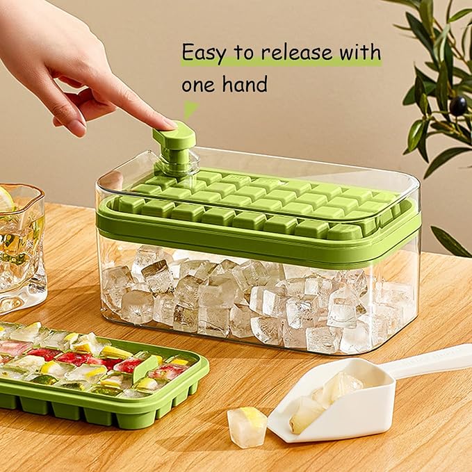 Ice Cube Trays with Lid and Bin, 4 Trays-Green
